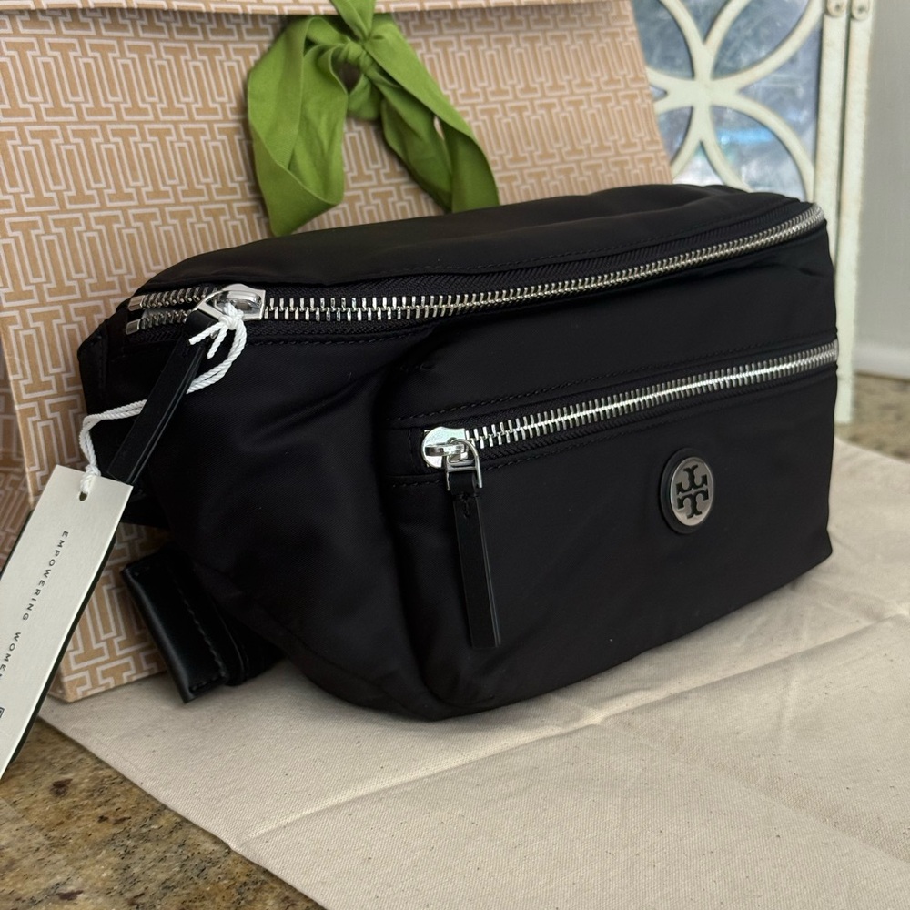 Tory Burch Black Belt Bag with Silver Accents
